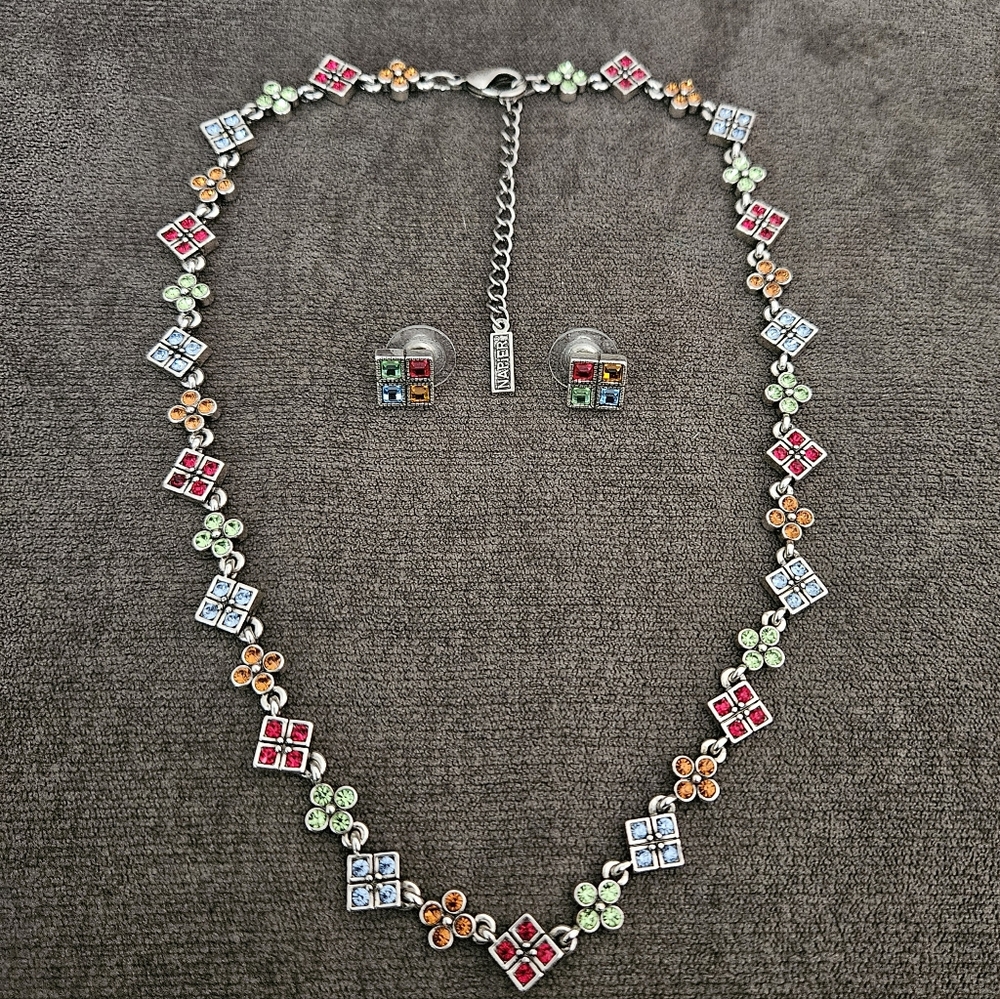 Napier Multicolored Crystal Gemstone Silvertoned Necklace and Earring Set